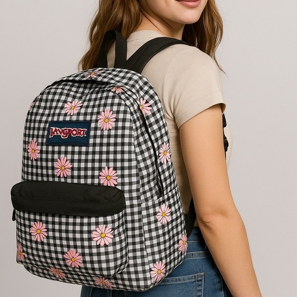 JanSport SuperBreak Gingham Daisy Floral Backpack Black White School‎ Bag Travel - Picture 1 of 9